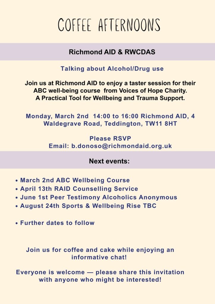 Poster promoting Richmond AID's Coffee afternoon with Voices of Hope on 2 March