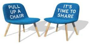Picture of 2 blue chairs. One chair has the words on it in white letters: 'Pull up a chair' and the other chair has the words 'It's time to share. Celebrating 'Time to Talk Day' 5 February 2026.